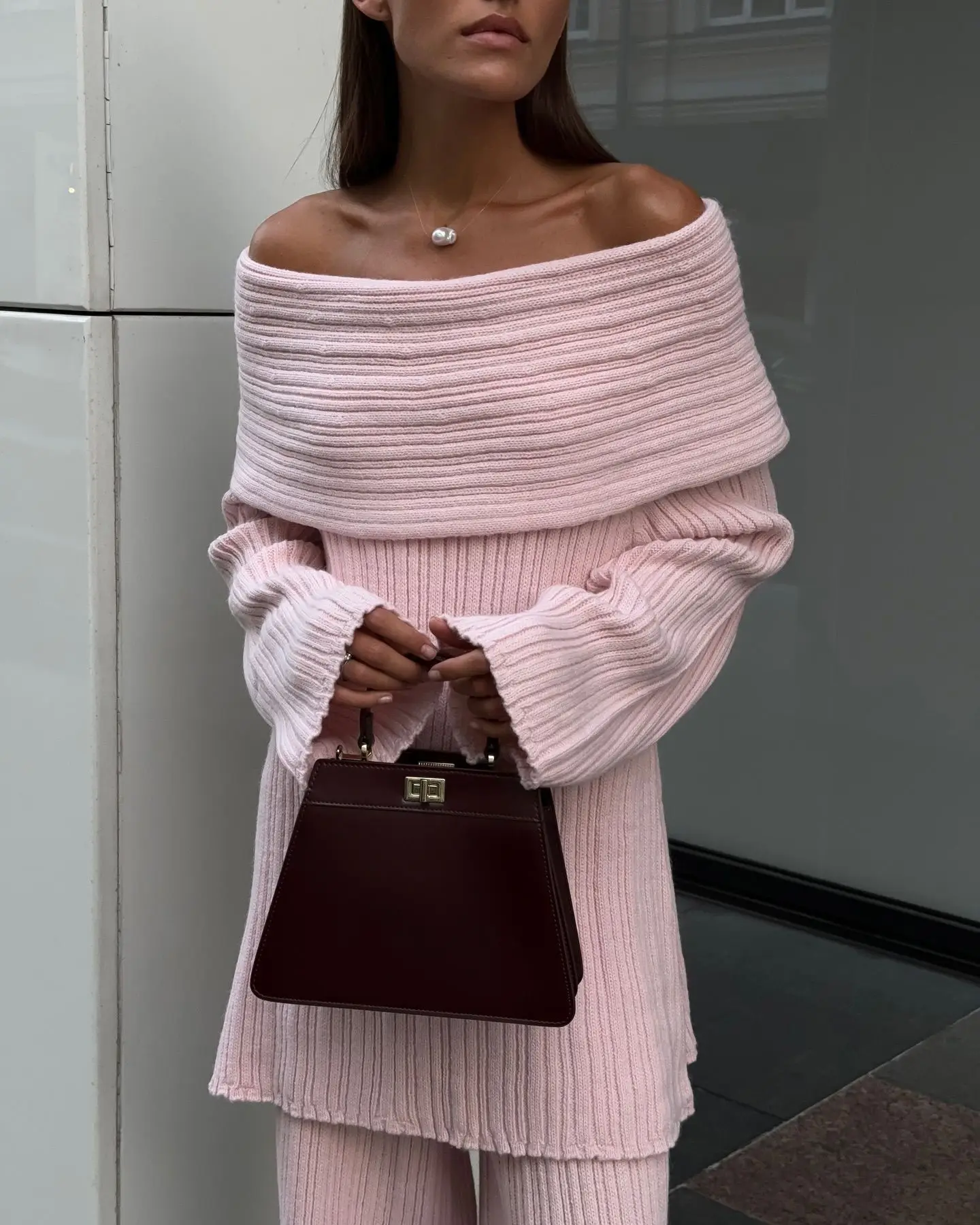 Elegant One-Shoulder Knitted Dress For Women Loose Sexy Rib knit Sweater Autumn Winter Midi Dresses Female Long Sleeve