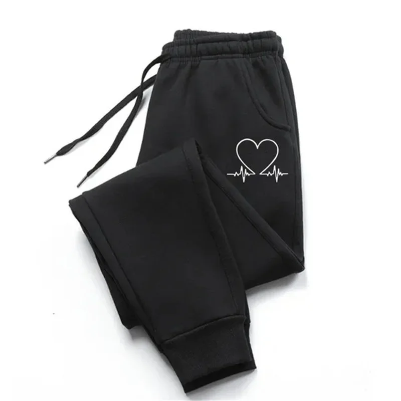 Autumn Winter Women Sweatpant Heart Printed Jogger Casual Fitness Warm Sport Pants Black Grey White S-4XL