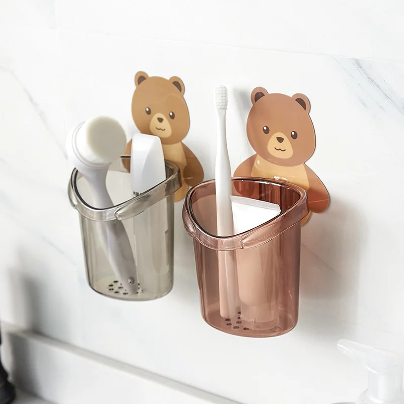 Cute Storage Box Suction Cup Bear Shaped Toothbrush Holder Cup Organizer  Toothpaste Rack Razor Stand PINK 