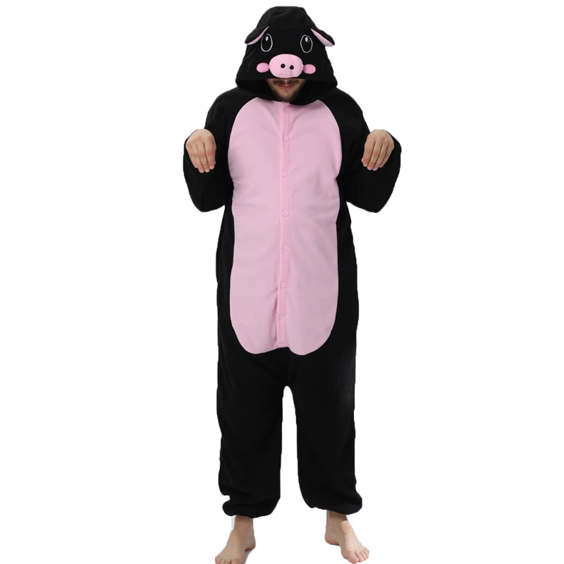 Black pig unisex animal costume cosplay costume kigurumi men one piece pajamas halloween christmas party hooded cartoon pajamas