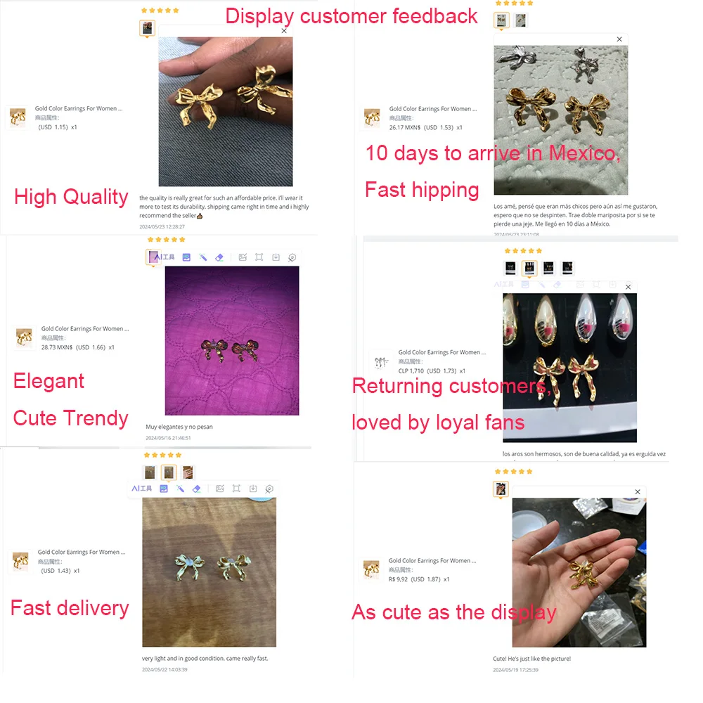 Gold Color Earrings For Women Bow Stud Nail Earring Fashion Cute Jewelry Piercing Ear Accessories Christmas Gift Aretes - Image 6