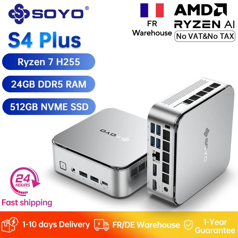 SOYO S4 Plus Gaming Mini Pc AMD Ryzen 7 H255 24GB LPDDR5 RAM 512GB PCIE3.0 SSD Desktop Computer Dual 4K 120Hz Display WiFi6/BT5.2 - immagine 3