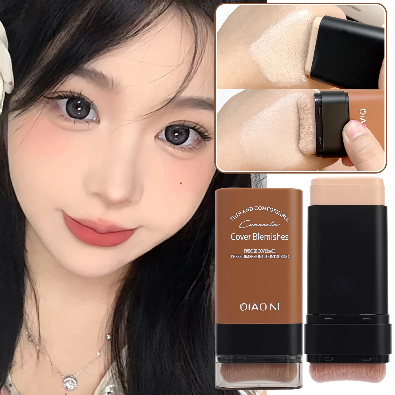 2IN1 Rubber Foundation Stick Waterproof Oil-control Face Base Makeup Nourishing Lasting Concealer Foundation Cream with Brush 3
