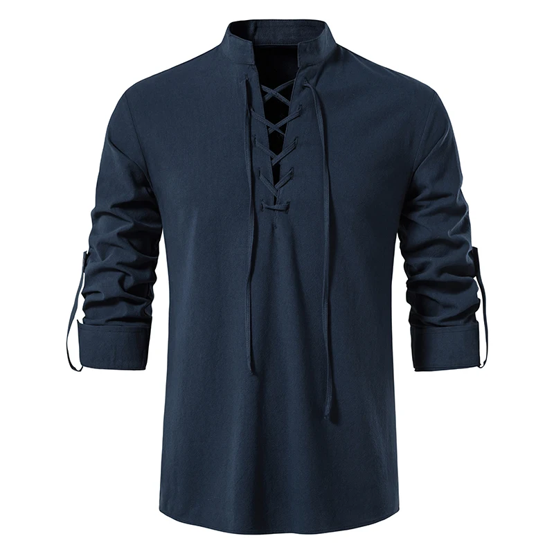 King Billion Herrenhemden Casual Herren Baumwolle Leinen Langarm T-Shirt Frühling Herbst Vintage Shirt US-Größe Kordelzug Hals – Detail 29