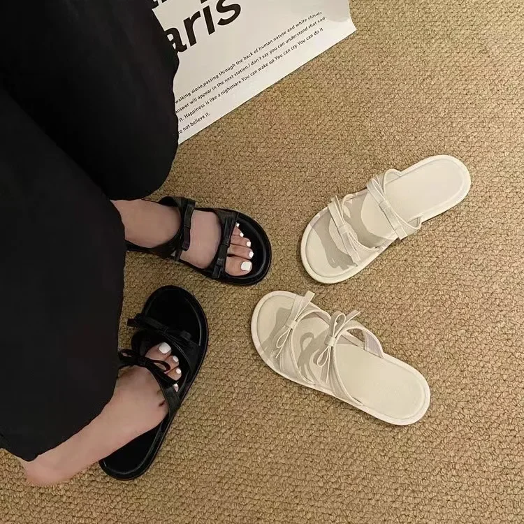 Double Bowtie Flat Slippers Shoes Woman 2024 Trend Silver Black Flats Sandals Mules Women's Summer Footwear Chaussures Femme
