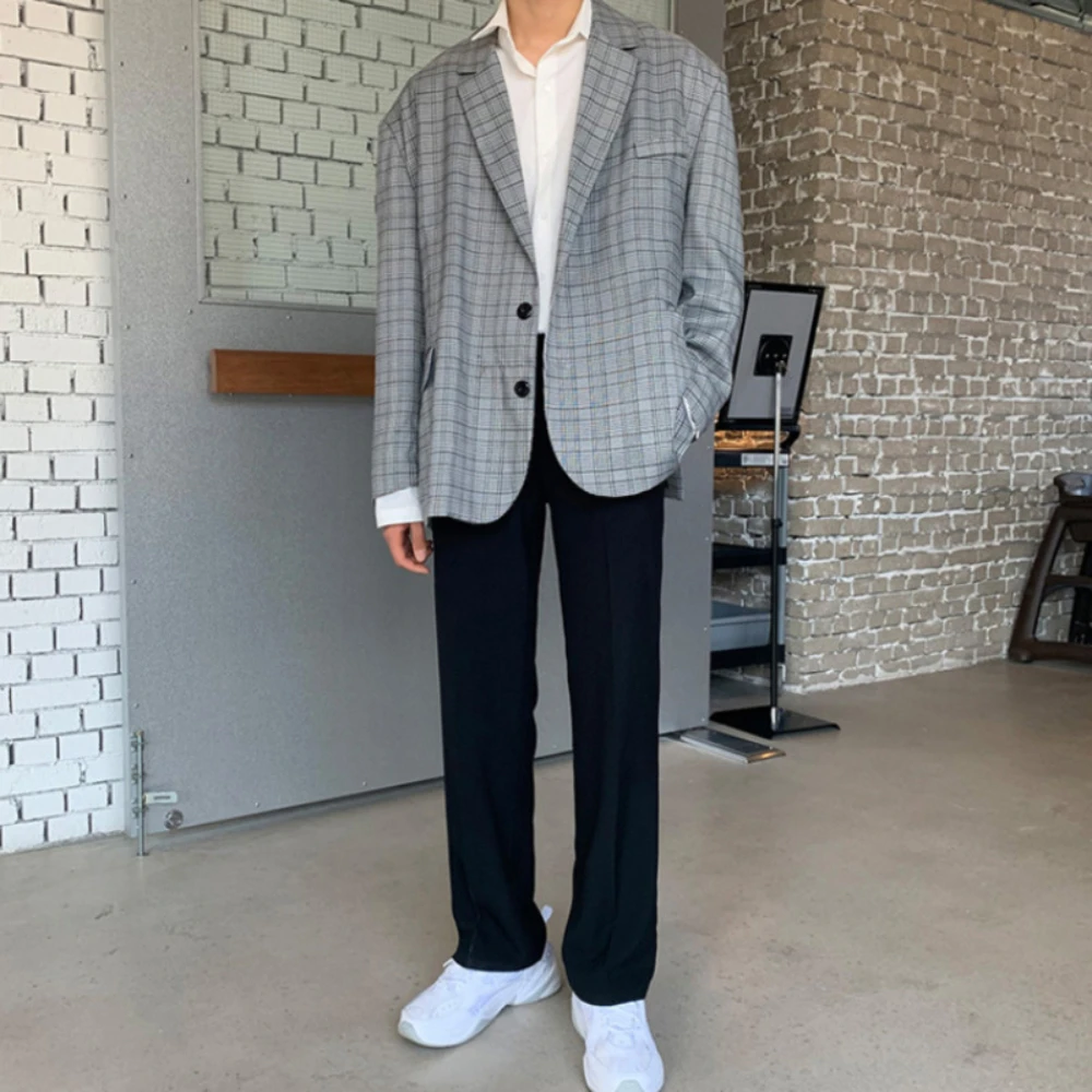 STEVDITG Chic Checkered Stripes Blazer Men Oversized Fashion Casual Suit Daily Jacket Korean Loose One Piece Office Formal Man