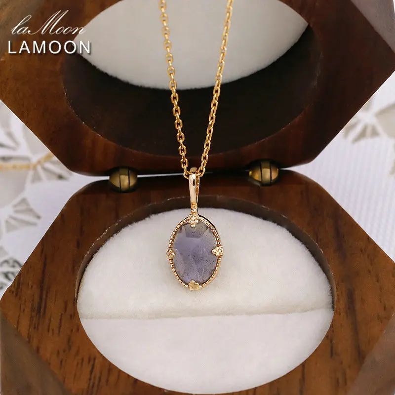 

LAMOON Vintage Bijou Natrual Gemstone Pendant For Women Labradorite Cordierite 925 Sterling Silver Gold Plated Fine Jewelry Gift