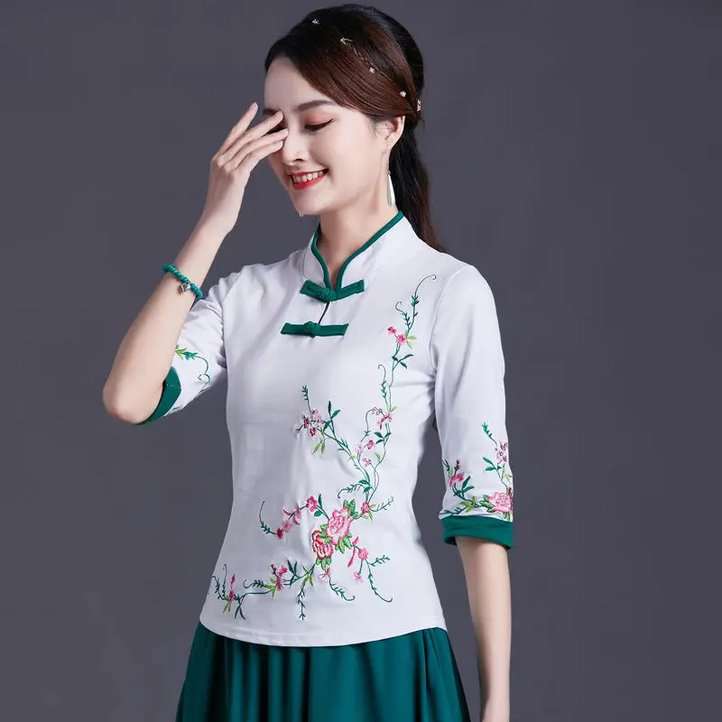 Cheongsam Women's Plus Size Tops Autumn Cotton Blend Splicing Embroidery Half Sleeve Chinese Style Retro Qipao Shirts Woman