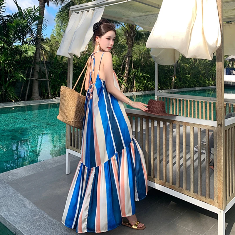 

New Blue Striped Strapless Summer Beach Dresses 2024 Elegant Women's Chic Vacation Sexy Long Sundress Stylish Runway Vestidos