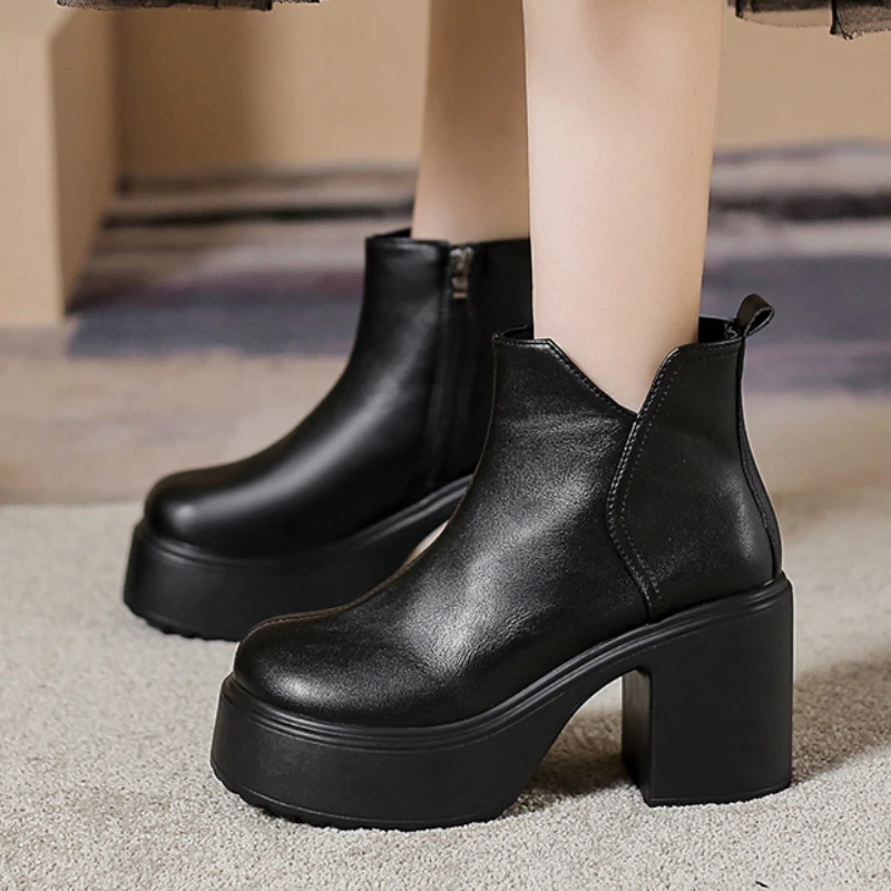 

Женские ботильоны на толстой подошве, полусапожки на молнии, с круглым носком, на квадратном каблуке, 2023