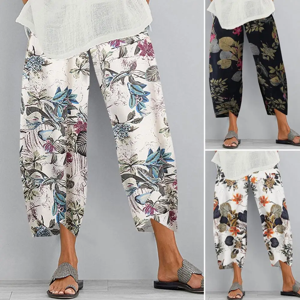 

Women Cotton Linen Harem Pants Vintage Printed Wide Leg Trousers Casual Pockets Harajuku High Waist Baggy Pants Joggers