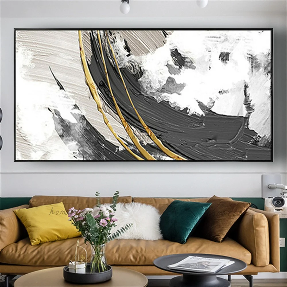 

Handmade Abstract Oil Painting On Canvas Black And Gold Line Texture Wall Art Pictures Modern Poster Decor Home Indoor Pendant
