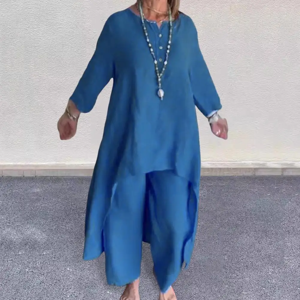 Women Long-sleeve T-shirt Set Elegant Women's Irregular Hem Top Pants Set with Wide Leg Design Soft Breathable Fabric for Casual