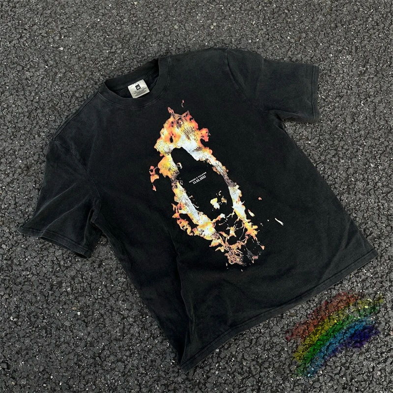 

Washed Vintage Flame Man Print T-shirt Men Women Best Quality Black Oversize Tee T Shirt