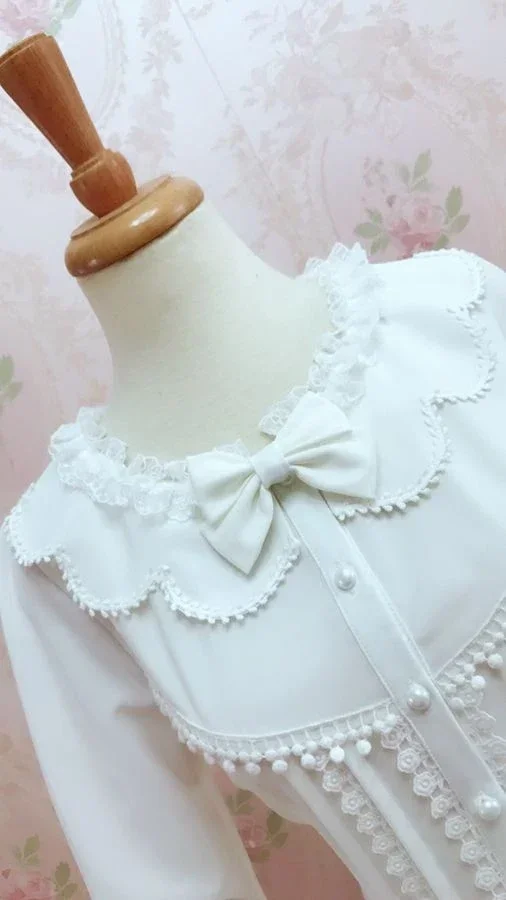 Retro Style Female Lolita White Blouse Sweet Long Bell Sleeve Shirt with Tassels