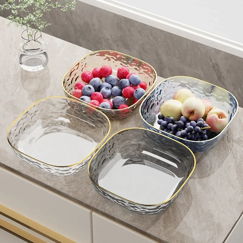 Light Luxury Household Fruit Bowl Salad Dessert Biscuit Plate Plastic Square Transparent Tray Golden Edge Snack Plates Tableware