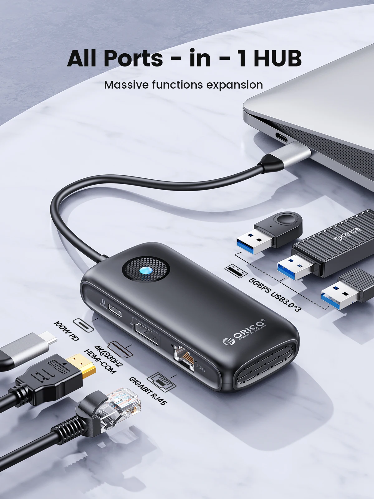 ORICO USB 허브 HDMI-com 어댑터 USB-C, RJ45 USB 3.0 2.0 PD 100W 독, 맥북 프로 에어 M2 M1 스플리터 도킹 스테이션용, 4K