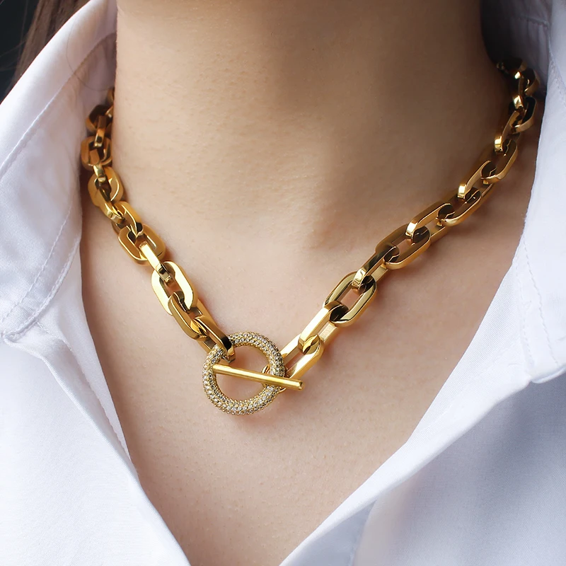 ネックレス・ペンダント Coil Toggle Long Necklace #8704 Stainless Steel Necklace Chain T Toggle Clasp Crystal Stones