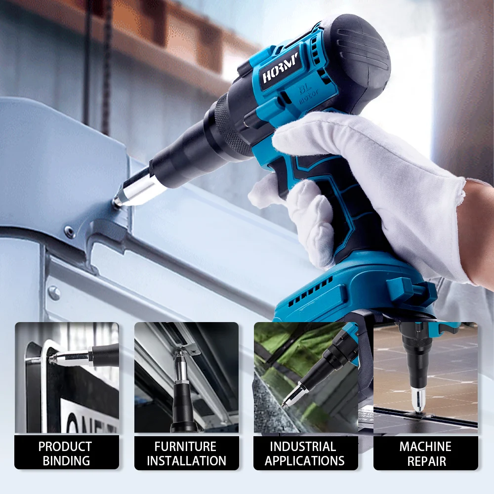 Hormy Brushless Electric Rivet Gun 11000N Cordless Rivet Nut Gun LED Auto Drill Rechargeable Power Tool For Makita Battery