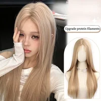 Champagne Gold Synthetic Lace Front Wig Long Straight Hair Lace Wigs for Women Hair Heat Resistant Party Cosplay Wig 여장