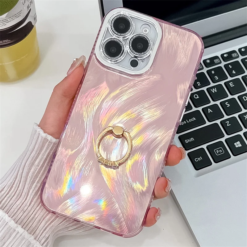 Coque de téléphone Camlet Feather Ring Holder Laser pour iPhone 16 Plus 15 14 13 Pro Max Hard PC Glitter Camera Protection Back Cover_voghion.com
