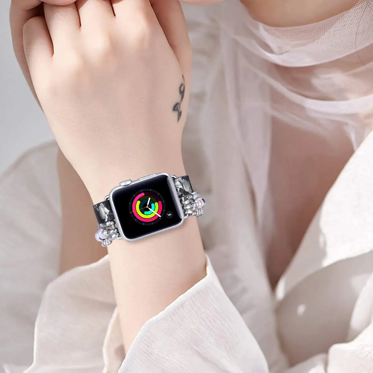 Women's Elastic Beaded Leather Watch Strap Bracelet