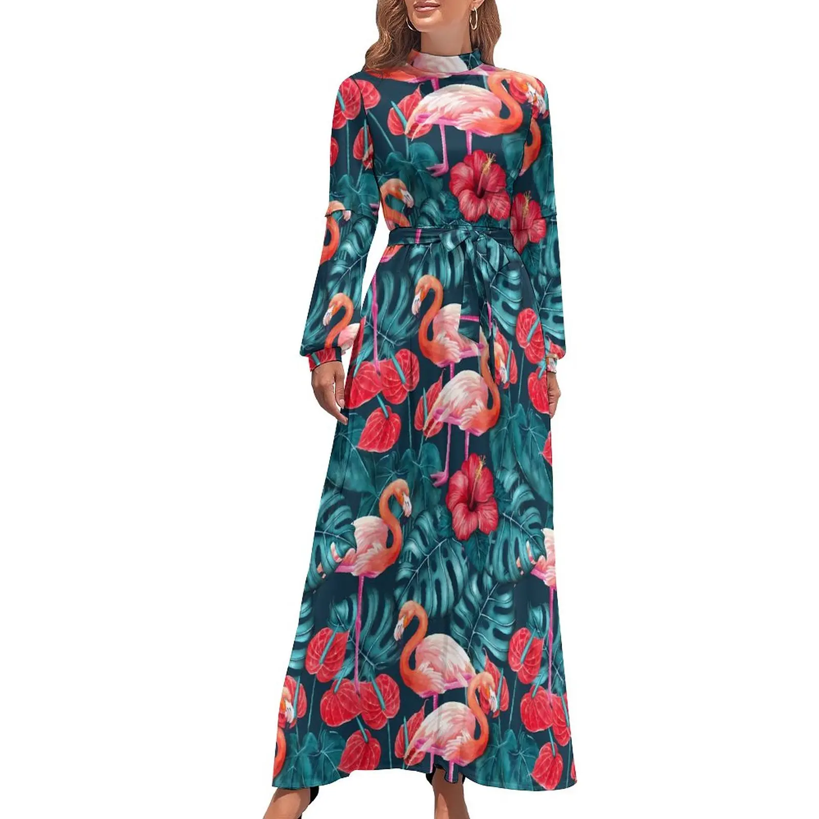 

Tropical Birds Dress Long Sleeve Flamingo And Flower Sexy Maxi Dress High Neck Streetwear Graphic Bohemia Long Dresses Gift