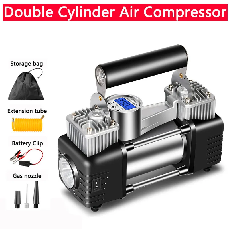 300W 150PSI Inflator Portable Double Cylinder Air Compressor Tire Inflator with LED Flashlight 12V Heavy Duty Tire Inflator