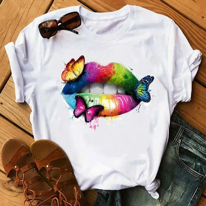

Women High Quality Cotton T-shirt Sexy Kiss Lip Print Butterfly T Shirt Big Size Casual Tee Graphic Girl Tops Female Clothing