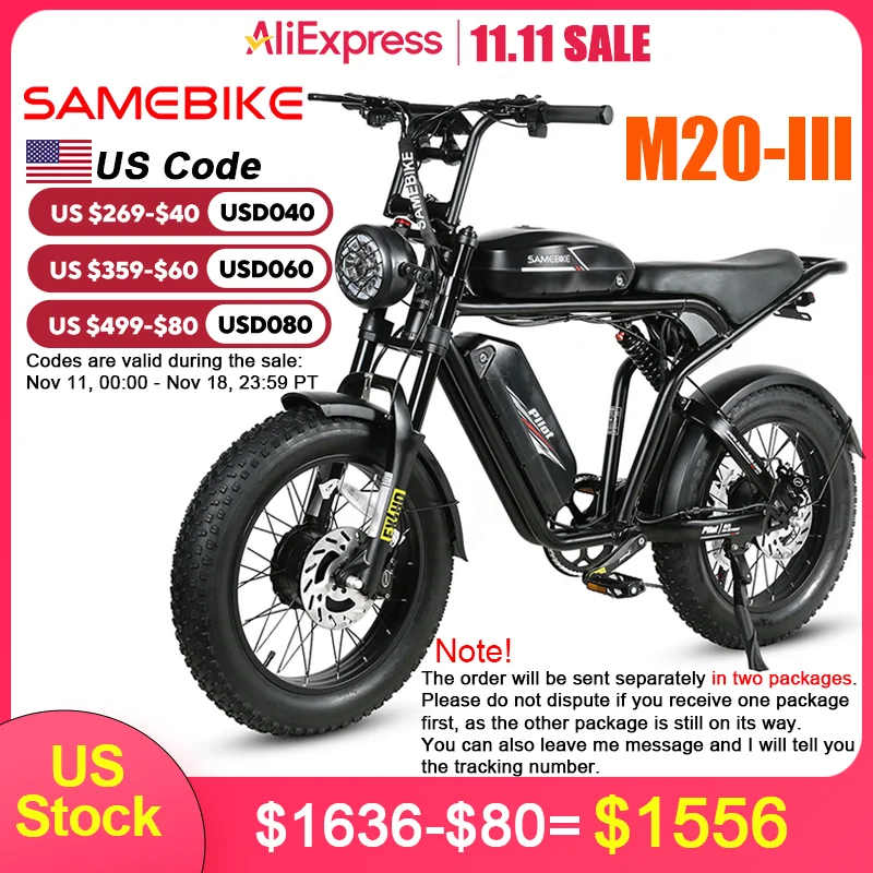 SAMEBIKE M20-III Electric Bicycle 1000W*2 Dual Motors 60km/h Speed 110km Range 48V/32Ah Battery Electric Bike