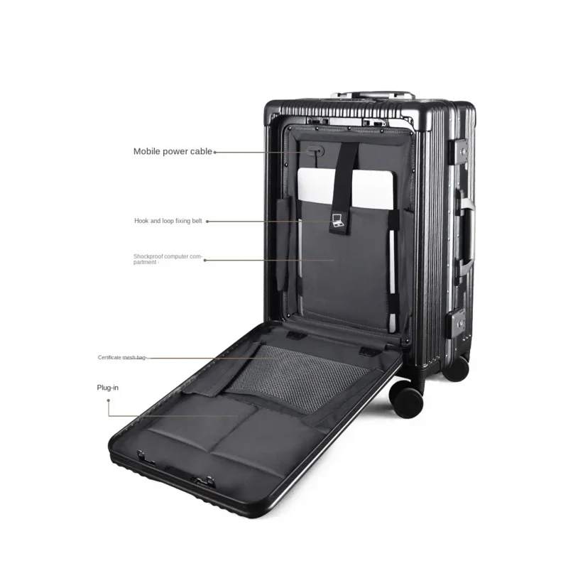 Multi-Function Luggage Front Opening Box Pc Aluminum Frame Password Trolley Case 20-Inch Universal Wheel Charging Suitcase