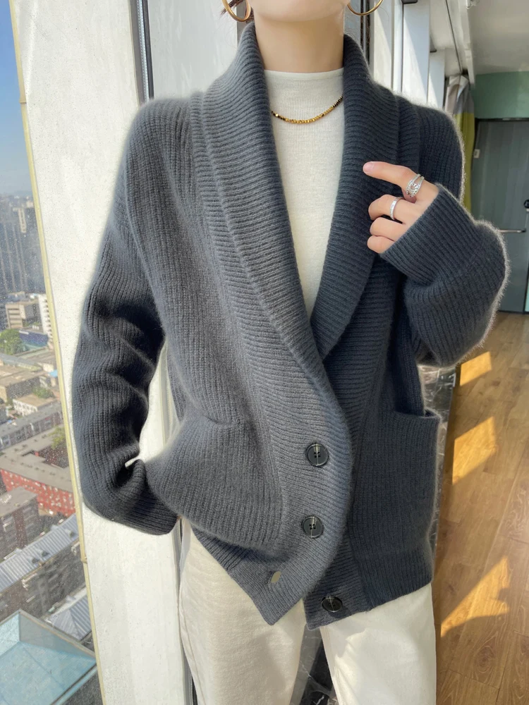 

7 Stitches Thick Knitted Cardigan 100% Merino Wool Women's Clothes V-Neck Top Fashion Korean Coat Autumn Winter Long Sleeves