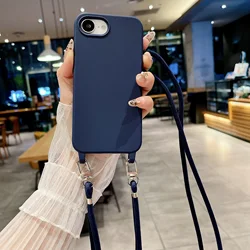 Enhanced Crossbody Lanyard Liquid Silicone Shockproof Case with Matte Finish and Candy Colors - iPhone 15 (Dark Blue)