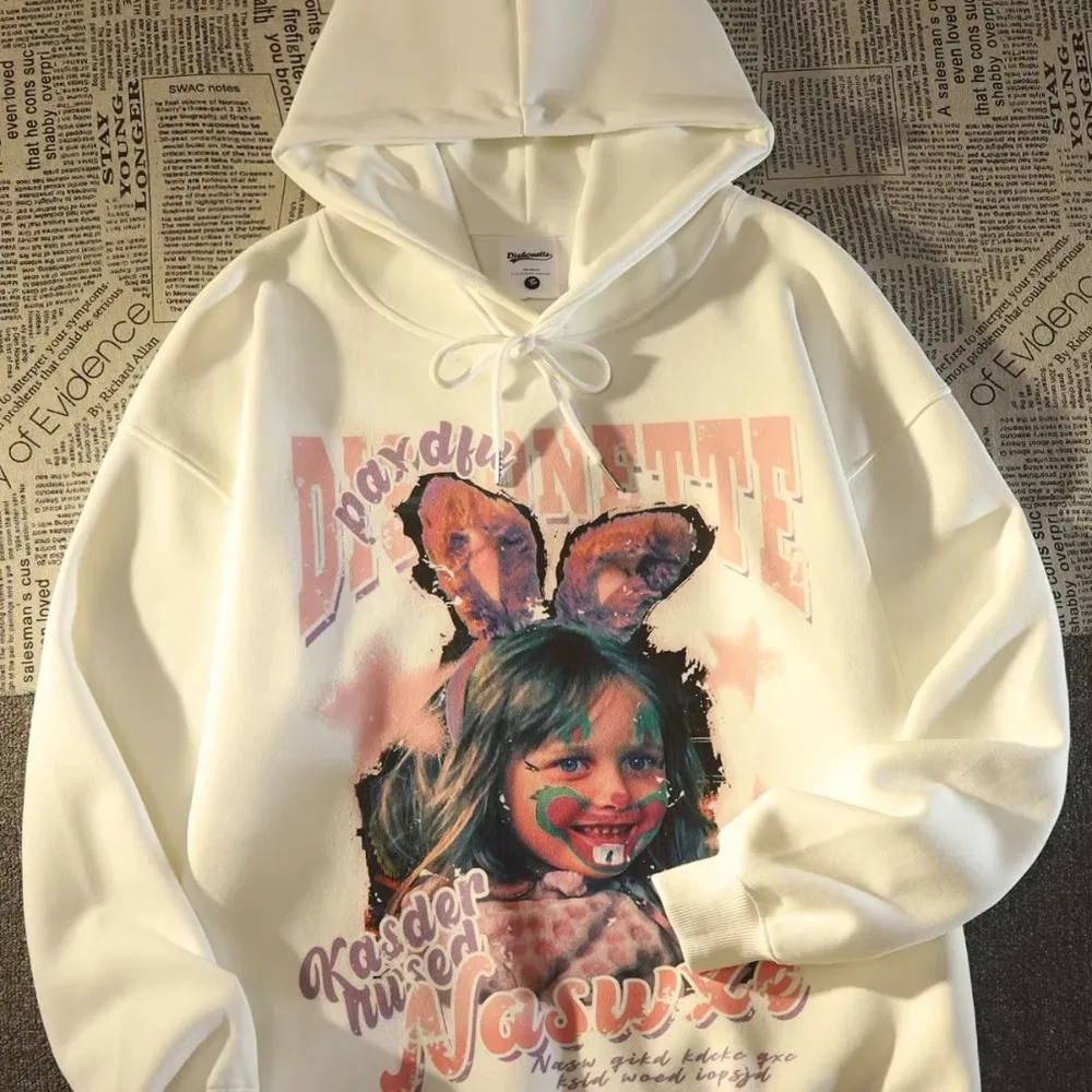 

American Vintage Painting Sweatshirt Hoodies Korean Lovely Lady Women Loose Oversized Pullover Hip Hop Streetwear Kawaii Clothes