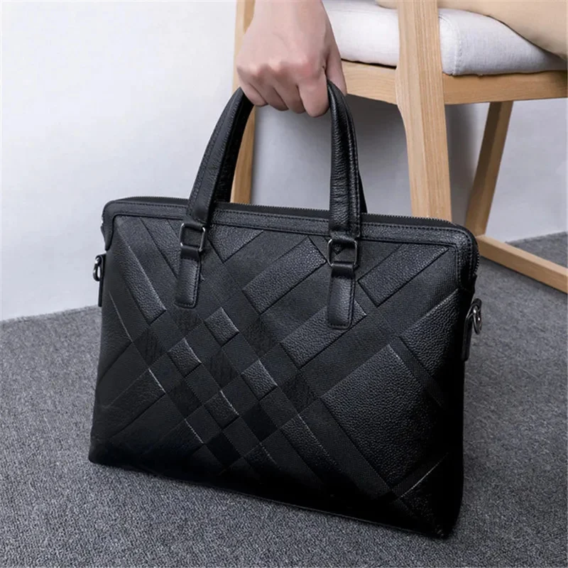 

luxury brand boss pattern men's leather bag Reticular tissue REAL cowhide Briefcase. Fashion shoulder male work Business. s