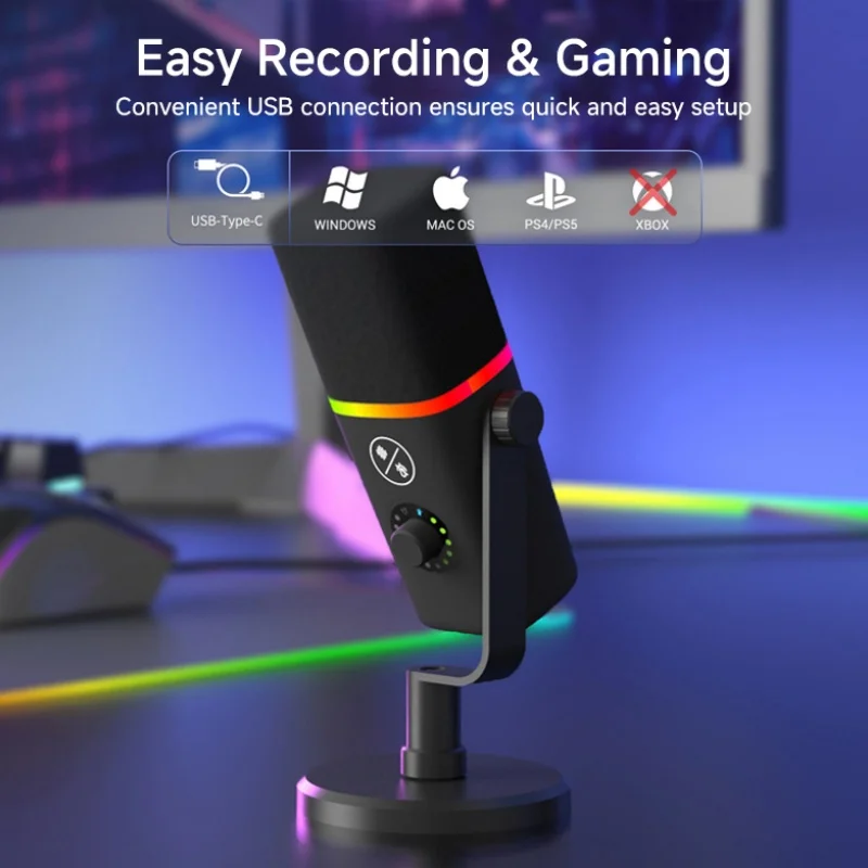 RGB 게이밍 USB-C PC 마이크 AI 노이즈 캔슬링 (PC, PS4, PS5, 라이브 스트리밍, 게임, 보컬 녹음용)
