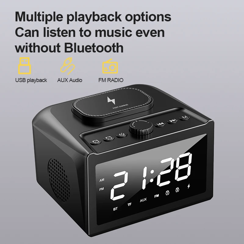 Bluetooth Speaker Stereo Loudspeaker Wireless Charger LED Screen Alarm Clock FM TF Card Fast Charging for iPhone Samsung Xiaomi
