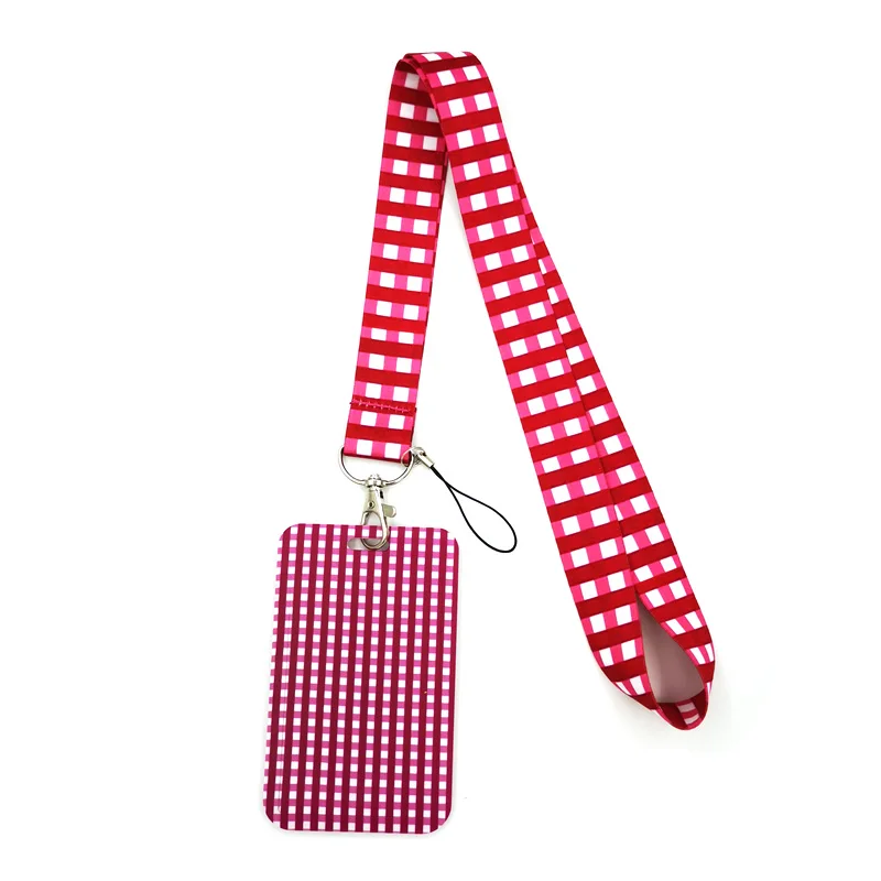 

Simple Red Lattice Lanyard Credit Card ID Holder Bag Student Women Travel Card Cover Badge Car Keychain Decorations Gifts