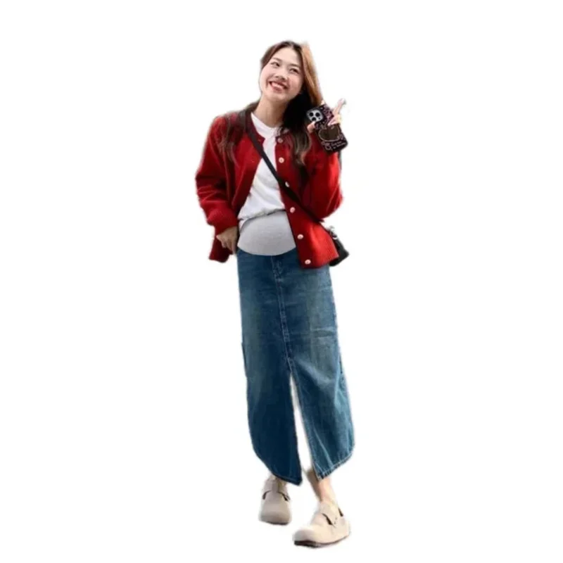 Front Splits Stretch Denim Skirt Maternity Summer High Waist Belly Pencil Bottoms for Pregnant Women 24SS Y2k Youth Pregnancy