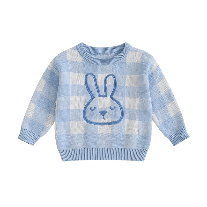 FOCUSNORM 0–3 Jahre schöner Baby-Pullover für Jungen und Mädchen, 2 Farben, Kaninchen-Stickerei, karierter Druck, langärmelig, Rundhals-Strickpullover – Detail 4