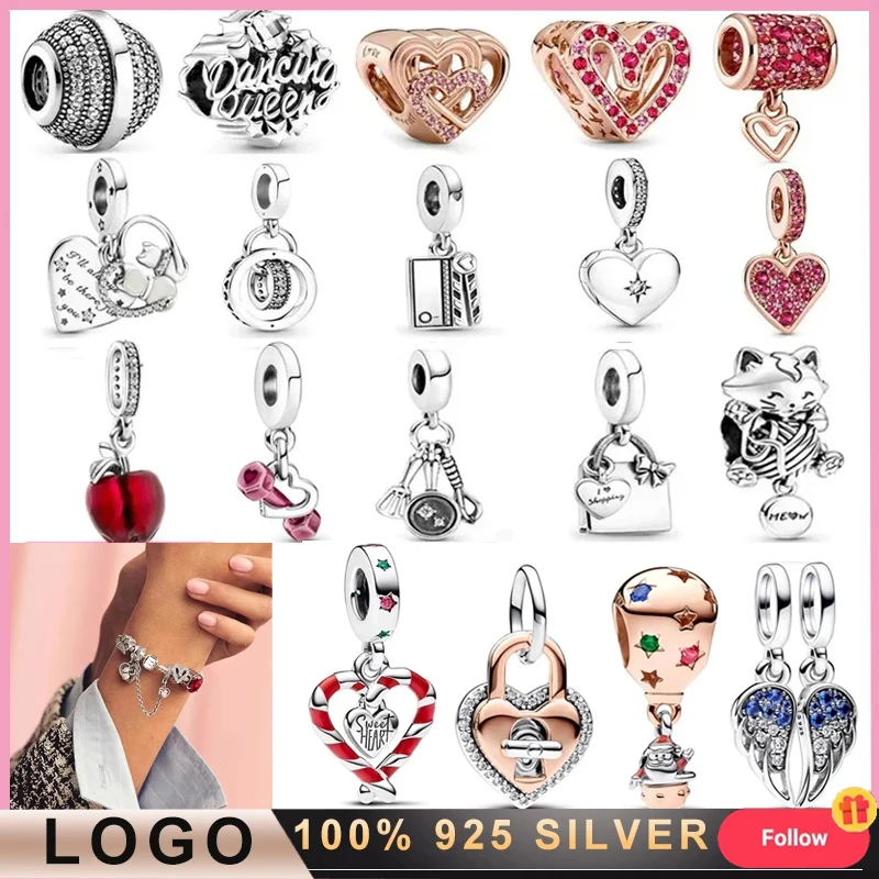 New 925 Silver Pav é Closet Set Shopping Bag Heart shaped Apple Pendant For Original Logo Women's Bracelet DIY Charm Jewelry new 925 sterling silver pav é close set heart red apple pendant suitable for original women s bracelet necklace diy jewelry gift