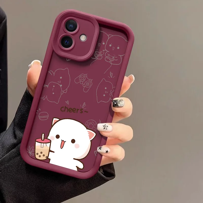 Cute Cartoon Peach Mochi Cat Couple Soft Case Cover
