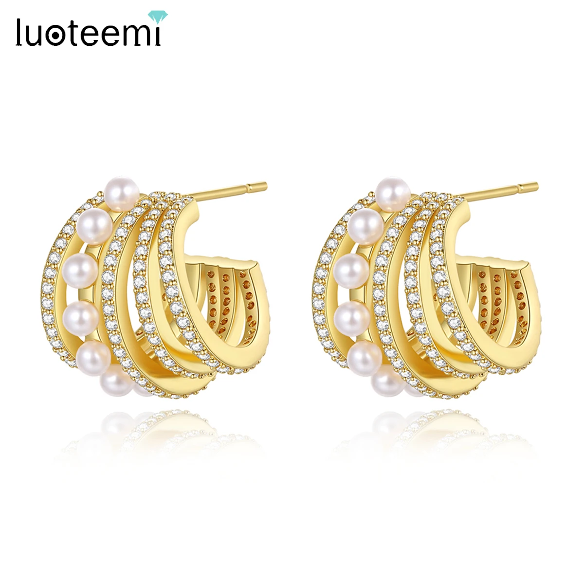 

LUOTEEMI Multiple Layers Cubic Zirconia Half Round Circle Hoop Earrings for Women Gold Color Imitation Pearls Girl Party Jewelry