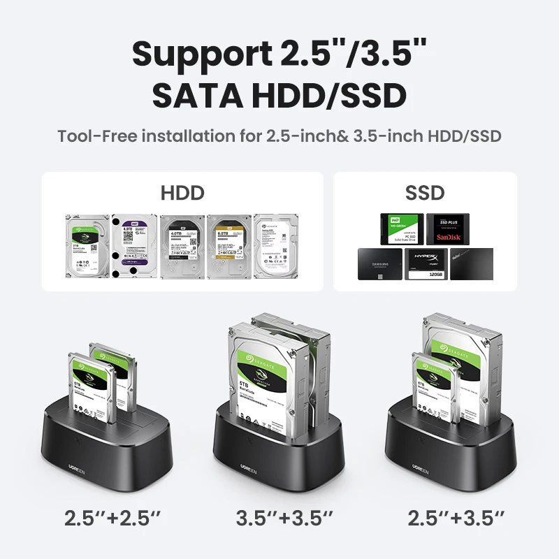 Ugreen Hdd Docking Station Sata para Usb 3.0 Adaptador para 2.5 3.5 Case de Disco Ssd Caixa hd Doca Disco Rígido Gabinete Docking Station - Imagem 3