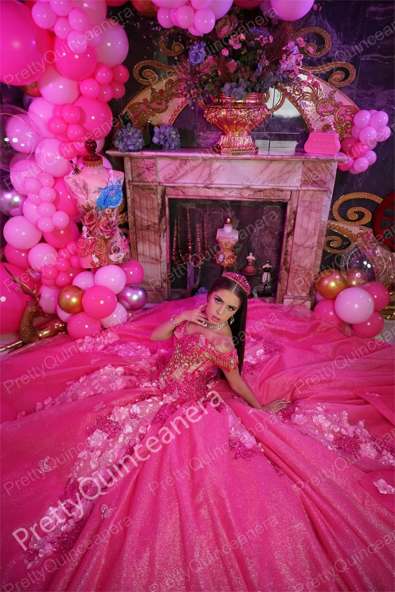 15 birthday dresses hot pink Hot Pink Quinceanera Dresses 3D Floral Appliques Beading Modern Off Shoulder Lace-up Corset Princess Prom Vestidos de 15 Anos