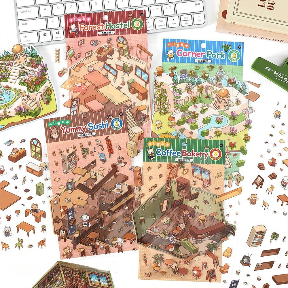 Cartoon 3D DIY Miniature Scene Sticker Pocket Cabin Scene Pasting and Stacking Festival Birthday Gift for Child Student