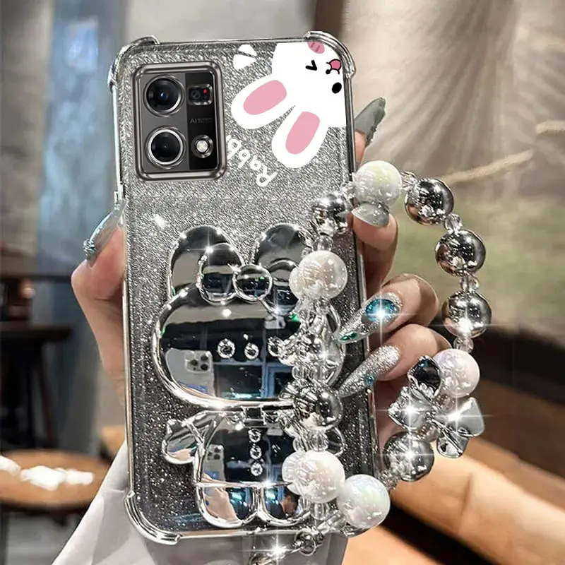 Airbag Glitter Mirror Rabbit Phone Holder Case with Anti-Knock Stand Back Cover