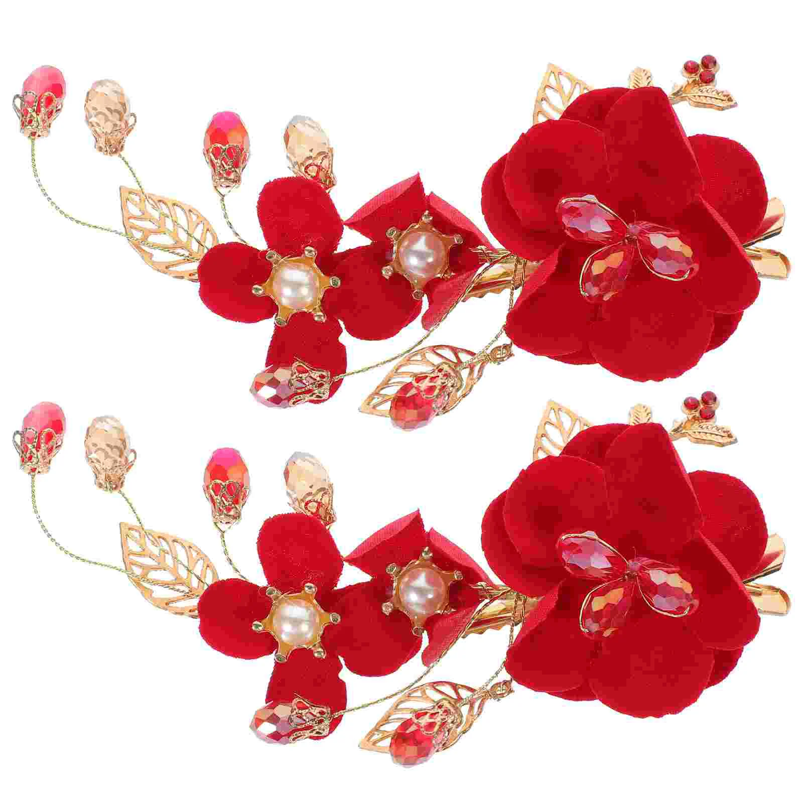 

2 Pcs Hair Clips Red Hairpin Bridesmaid Accessories Flower for Wedding Toast Clothing Prom Bridal Headdress