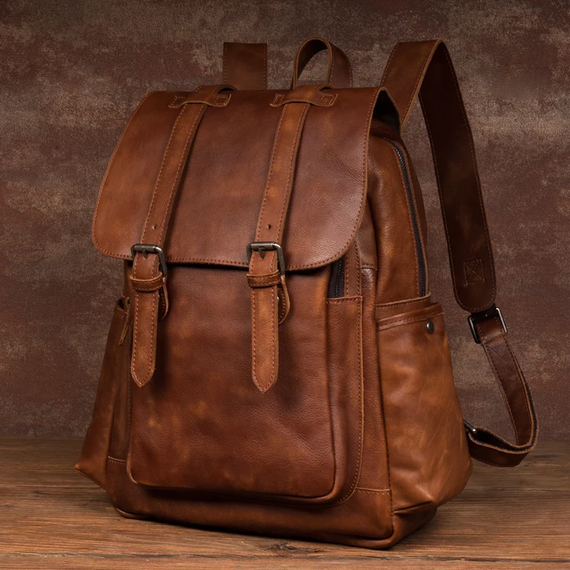 Retro trend handmade leather backpack men's business leisure leather backpack large capacity short-distance travel bag
