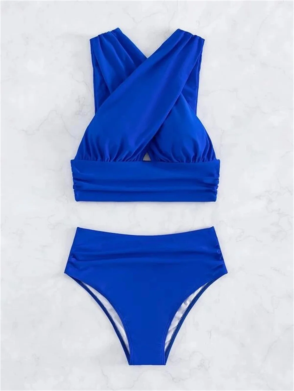 New high-waisted bikini cross neck pleated swimsuit solid color sexy summer beach vacation swimsuit